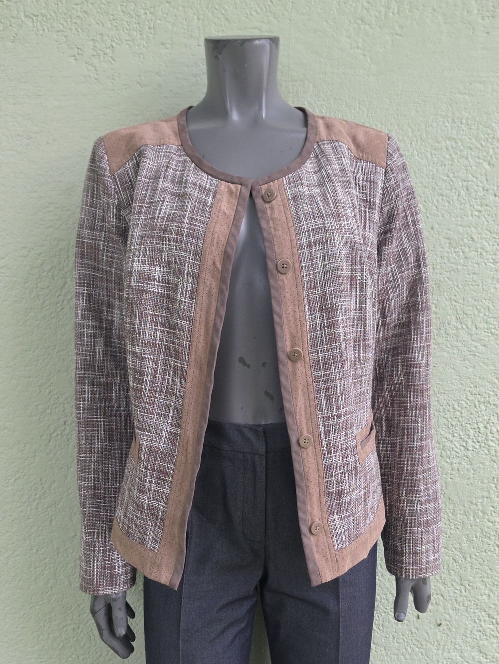 Jaclyn Smith Collection Ladies Pure Cotton Collarless Blazer *Faux Suede Trim*